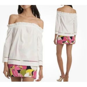 Trina Turk Off Shoulder Hanalei blouse White Ruffle Lattice Trim Sz M